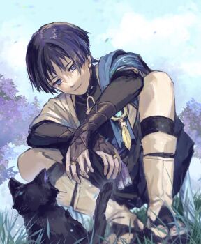 1boy anemo_symbol_(genshin_impact) aqua_gemstone arm_on_thigh armor black_bodysuit black_bridal_gauntlets black_cat black_sandals black_shorts blue_cape blue_eyes blue_sky blunt_ends bodysuit bridal_gauntlets bridal_legwear cape cat closed_mouth cloud cloudy_sky eyelashes eyeliner eyeshadow falling_petals feathers from_below gem genshin_impact gold_ring grass highres itogens japanese_armor japanese_clothes kimono kote kurokote leg_warmers looking_at_animal makeup male_focus middle_ring open_clothes open_hands open_kimono outdoors petals pom_pom_(clothes) red_eyeliner red_eyeshadow sandals scaramouche_(genshin_impact) shorts shoulder_peek sky smile solo squatting stirrup_legwear tassel toeless_legwear toenails toes tree tsurime vision_(genshin_impact) wanderer_(genshin_impact) white_kimono white_leg_warmers wispy_bangs yellow_feathers zouri