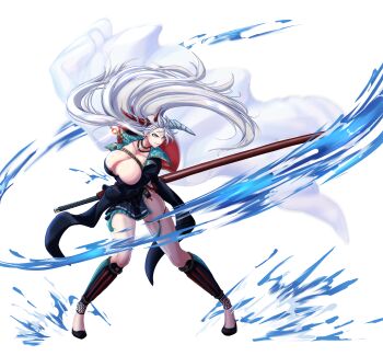 1girl absurdres armor asymmetrical_horns azur_lane black_shoes black_skirt breasts cleavage collarbone hair_between_eyes hair_on_horn hakuryuu_(azur_lane) highres holding holding_sword holding_weapon horns huge_breasts huge_weapon hydrokinesis japanese_armor long_hair long_sleeves miniskirt mismatched_horns multiple_horns red_horns rolingblade shoes simple_background skirt solo sword thigh_strap very_long_hair water weapon white_background white_eyes white_hair white_horns