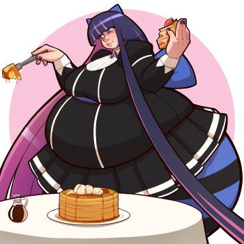 Rule 34 | 1girl, absurdres, blue eyes, breasts, cake, curvy, fat, female focus, food, gothic lolita, hair ribbon, highres, huge breasts, lips, lolita fashion, long hair, multicolored hair, nail polish, nectar dreamz, pancake, panty &amp; stocking with garterbelt, pink hair, purple hair, ribbon, simple background, solo, stocking (psg), thick thighs, thighs, two-tone hair, very long hair, wide hips
