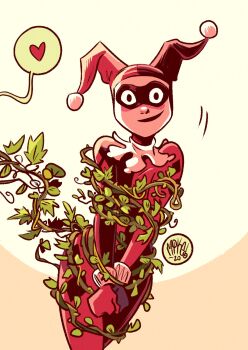 1girl artist_name asymmetrical_gloves batman:_the_animated_series batman_(series) bdsm black_bodysuit black_gloves blush bodysuit bondage bound commentary cowboy_shot dated dc_animated_universe dc_comics dcau domino_mask english_commentary eye_mask gloves harley_quinn harley_quinn_(classic) heart highres implied_yuri looking_at_viewer mask mikemaihack mismatched_gloves plant red_bodysuit red_gloves simple_background smile solo speech_bubble spoken_heart vines
