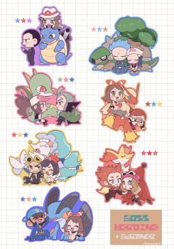 6+boys 6+girls :d anger_vein archie_(pokemon) beanie black_hair blastoise blaziken blue_hair brown_eyes brown_hair chibi clenched_teeth commentary_request cyrus_(pokemon) dawn_(pokemon) delphox eyelashes formal_clothes gen_1_pokemon gen_3_pokemon gen_4_pokemon gen_5_pokemon gen_6_pokemon gen_7_pokemon ghetsis_(pokemon) giovanni_(pokemon) green_hair grid_background guzma_(pokemon) hair_flaps hat highres hilda_(pokemon) hime_(himetya105) jacket leaf_(pokemon) lysandre_(pokemon) maxie_(pokemon) may_(pokemon) multiple_boys multiple_girls nintendo open_mouth pants pink_hat pleated_skirt pokemon pokemon_(creature) pokemon_bw pokemon_bw2 pokemon_dppt pokemon_frlg pokemon_oras pokemon_sm pokemon_xy ponytail primarina riding riding_pokemon selene_(pokemon) serena_(pokemon) serperior sharp_teeth shirt short_hair sidelocks sitting skirt smile standing star_(symbol) suit sunglasses swampert teeth tongue tongue_out torterra white_hair white_hat