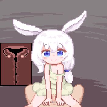1boy 1girl animal_ears animated animated_gif asymmetrical_hair blue_eyes blush bottomless censored clothed_female_nude_male cowgirl_position cross-section cum cum_in_pussy cum_overflow dress ejaculation flat_chest girl_on_top hetero hinainf internal_cumshot loli long_hair looking_at_viewer low_ponytail lowres mosaic_censoring nipples nude one_breast_out original penis pixel_art ponytail pov pov_crotch rabbit_ears rabbit_girl sex smile solo_focus spread_legs straddling sundress uterus vaginal white_dress white_hair