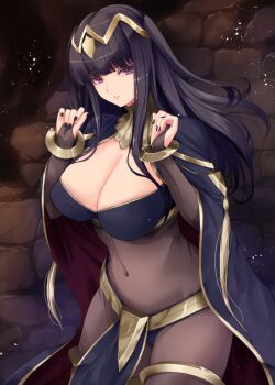 1girl black_bridal_gauntlets black_hair black_nails black_panties bodystocking breasts bridal_gauntlets cape cleavage closed_mouth commentary_request covered_navel fingernails fire_emblem fire_emblem_awakening huge_breasts jewelry kirishima_satoshi loincloth long_hair long_sleeves looking_at_viewer nail_polish nintendo panties parted_lips pelvic_curtain purple_eyes redrawn see-through_bridal_gauntlets shiny_clothes simple_background skin_tight solo tharja_(fire_emblem) tiara turtleneck underwear