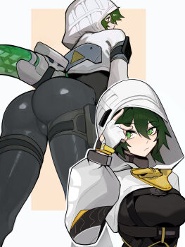 1girl arknights arknights:_endfield ass black_bodysuit bodysuit crocodile_girl crocodilian_tail distr fingerless_gloves fluorite_(arknights) from_behind from_below gloves green_eyes green_hair hair_between_eyes highres hood hood_up hooded_jacket jacket looking_at_viewer multiple_girls short_hair simple_background solo tail white_gloves white_jacket