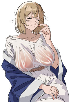 1girl blue_robe blush breasts brown_hair closed_eyes closed_mouth collarbone dress dungeon_meshi enma_(enmanuelart) falin_touden falin_touden_(tallman) highres large_breasts long_sleeves no_bra robe rope_belt see-through_clothes see-through_dress simple_background sitting smile solo waking_up white_background white_dress wide_sleeves