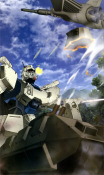 absurdres aircraft artist_request battle blurry blurry_foreground cannon caterpillar_tracks cloud cloudy_sky damaged debris dirty dust_cloud earth_federation energy_sword firing forest glowing_hot gun gundam gundam_08th_ms_team gundam_ez8 gundam_perfect_file highres holding holding_sword holding_weapon jungle machine_gun machinery magella_attack mecha mecha_focus military_vehicle mobile_suit motion_blur motor_vehicle mountain nature no_humans official_art radio_antenna red_eyes robot scan scene_reference science_fiction sky sword tank tank_turret thrusters tree weapon zeon