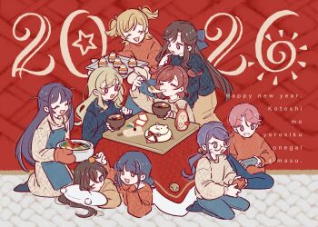 2026 6+girls :d ^_^ aijou_karen animal-shaped_pillow baking_sheet black_hair black_socks blonde_hair blue_bow blue_hair blue_pants blue_skirt blue_sweater blunt_bangs bow bowl bright_pupils brown_hair chopsticks closed_eyes commentary_request controller cupcake daiba_nana dress eating food fruit game_controller gamepad glasses green_eyes grey_dress grey_sweater grin gyosite hagoita hair_between_eyes hair_bow hair_ribbon hanayagi_kaoruko hand_on_another's_head hand_on_own_cheek hand_on_own_face hands_up happy_new_year head_on_pillow highres holding holding_bowl holding_chopsticks holding_controller holding_game_controller holding_with_chopsticks hoshimi_junna hugging_object isurugi_futaba kagami_mochi kagura_hikari knee_up kotatsu kotoyoro long_hair long_sleeves looking_ahead looking_at_another looking_at_food looking_to_the_side low_ponytail mandarin_orange mochi multiple_girls new_year no_shoes one_eye_closed open_mouth paddle pants pillow pillow_hug pink_eyes pink_hair playing_games ponytail purple_eyes purple_hair red_background red_ribbon red_sweater ribbon romaji_text saijou_claudine seiza short_hair short_twintails shoujo_kageki_revue_starlight sidelocks sitting skirt smile socks spread_legs standing sweater table tendou_maya translation_request tsuyuzaki_mahiru turtleneck turtleneck_sweater twintails two-tone_background two_side_up under_kotatsu under_table v-shaped_eyebrows very_long_hair white_background white_pupils yellow_eyes zouni_soup