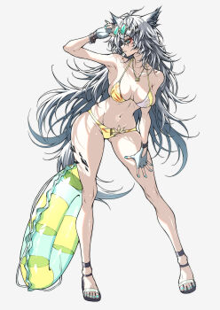 1girl absurdres animal_ears arknights blue-tinted_eyewear blue_eyes blue_nails breasts commentary eyewear_lift gloves hair_ornament hairclip highres innertube jewelry lappland_(arknights) large_breasts long_hair material_growth nail_polish necklace open_mouth oripathy_lesion_(arknights) parallel_hairclips scar scar_across_eye scar_on_face shokikanes simple_background solo stomach swim_ring tail tinted_eyewear toenail_polish toenails white_background white_gloves white_hair wolf_ears wolf_girl wolf_tail