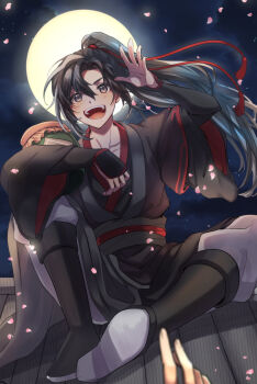 1boy 1other ahoge alcohol aslle black_boots black_hair black_hanfu blush boots chinese_clothes commentary_request falling_petals full_moon grey_eyes grey_pants grey_sash hair_ornament hair_ribbon hand_up hanfu highres holding_jug jug_(bottle) knee_up liquor long_hair long_sleeves looking_at_viewer male_focus modao_zushi moon night on_rooftop open_mouth out_of_frame outdoors pants petals pink_petals ponytail pov pov_hands red_ribbon red_sash ribbon robe rooftop sash sidelocks sitting sky smile solo_focus tassel tassel_hair_ornament waving wei_wuxian wide_sleeves
