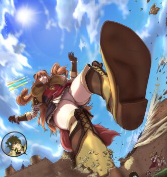 2boys 2girls absurdres alternate_size animal_ear_fluff animal_ears armor armored_boots artist_name black_dress black_skirt blonde_hair blue_sky blunt_bangs boobplate boots breastplate breasts breasts_apart brown_armor brown_boots brown_hair cape character_name closed_mouth cloud cloudy_sky comedic_sweatdrop commentary destruction dress english_commentary fleeing floating_hair from_below frown full_body fur_trim gameplay_mechanics giant giantess gloom_(expression) gold_trim greaves green_eyes grey_armor grin groin hands_on_own_head highres iwatani_naofumi kitamura_motoyasu large_breasts legendary_spear_(small_spear)_(tate_no_yuusha_no_nariagari) legendary_spear_(tate_no_yuusha_no_nariagari) long_hair looking_down malty_s_melromarc multiple_boys multiple_girls neck_ribbon o_o open_mouth paid_reward_available panties pants pauldrons picojin pinstripe_pants pinstripe_pattern polearm poleyn ponytail portrait raccoon_ears raccoon_girl raccoon_tail raphtalia red_cape red_dress red_eyes red_hair red_ribbon red_tunic ribbon rondel running shoe_soles short_dress short_ponytail shoulder_armor skirt sky sleeveless_tunic smile solo_focus stomping straight_hair surprised tail tate_no_yuusha_no_nariagari thigh_boots tunic two-tone_tunic underwear weapon white_dress white_panties white_pants white_tunic