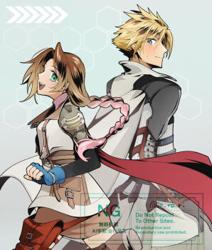 1boy 1girl aerith_gainsborough aerith_gainsborough_(guardian_corps_uniform) armor back-to-back black_gloves blonde_hair blue_eyes blue_gloves blush boots braid breasts brown_boots brown_hair brown_skirt cape closed_mouth cloud_strife cloud_strife_(equilibrium) cosplay cowboy_shot elbow_gloves final_fantasy final_fantasy_vii final_fantasy_vii:_ever_crisis fingerless_gloves gloves gradient_hair green_eyes hair_between_eyes highres jo_ro_ri lightning_farron lightning_farron_(cosplay) long_hair medium_breasts multicolored_hair official_alternate_costume open_mouth pink_hair pouch red_cape short_hair shoulder_armor single_braid single_elbow_glove skirt smile spiked_hair sweatdrop sweater thigh_pouch turtleneck turtleneck_sweater twitter_username vest waist_cape white_cape white_sweater white_vest