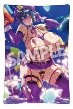 1girl areola_slip areolae_visible_through_clothing between_breasts bikini breasts clothes_lift cloud collared_shirt condom condom_belt condom_wrapper_in_clothes cutout_clothes elbow_gloves fishnet_thighhighs fishnets gloves happy hat huge_breasts large_breasts large_nipples leg_strap necktie necktie_between_breasts night night_sky nipple_slip nipples one_eye_closed open_clothes open_shorts original outdoors palm_tree panties penis_cutout police police_hat police_uniform policewoman pool pubic_hair sample_watermark shirt short_hair shorts skirt skirt_lift sky sleeveless slide smile solo swimsuit takeda_hiromitsu thick_thighs thighhighs thighs tree umbrella underwear used_condom water water_gun watermark