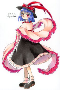 Rule 34 | 1girl, black hat, black shoes, black skirt, blush, bow, closed mouth, commentary request, dated, frilled shawl, frilled skirt, frills, from side, hat, hat bow, long sleeves, looking at viewer, nagae iku, one-hour drawing challenge, proton, purple hair, red bow, red eyes, shawl, shirt, shoes, short hair, simple background, skirt, socks, solo, touhou, twitter username, white background, white shirt, white socks