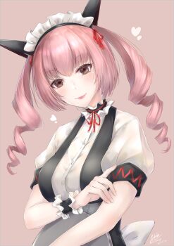 1girl absurdres akiha_rumiho animal_ears belt_around_waist breasts cat_ears commentary_request drill_hair highres long_hair looking_at_viewer maid maid_headdress mayqueen_maid_uniform multiple_girls pink_eyes pink_hair puffy_short_sleeves puffy_sleeves ribbon ribbon-trimmed_hairband ribbon-trimmed_sleeves ribbon_trim science_adventure short_sleeves simple_background smile solo steins;gate tomgue_out tongue tongue_out twin_drills twintails upper_body yakku