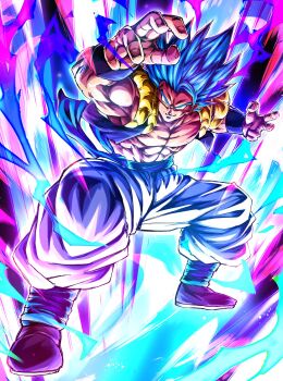 Rule 34 | 1boy, abs, aura, black vest, blue eyes, blue hair, blue sash, closed eyes, commentary request, dragon ball, dragon ball super, dragon ball super broly, fighting stance, full body, gogeta, highres, medium hair, metamoran vest, muscular, muscular male, no shirt, pants, rz28kp, sash, smirk, solo, spiked hair, super saiyan, super saiyan blue, vest, white pants