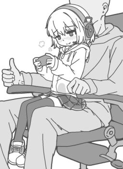 1boy 1girl blush brother_and_sister chair checkmark chinese_commentary closed_mouth clothed_sex cock_warming commentary controller faceless faceless_male game_controller gaming_chair greyscale headphones headset hetero holding holding_controller holding_game_controller hood hoodie incest loli monochrome multitasking on_chair original playing_games pleated_skirt qswan sex shoes siblings sitting sitting_on_lap sitting_on_person skirt smile stealth_sex swivel_chair thighhighs thumbs_up vaginal x_mark zettai_ryouiki