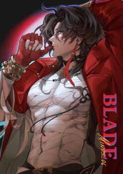 1boy absurdres arm_behind_head arm_up bandaged_chest bandages black_hair blade_(elation)_(honkai:_star_rail) blade_(honkai:_star_rail) bracelet character_name commentary cowboy_shot earrings english_commentary fingerless_gloves from_side gloves highres honkai:_star_rail honkai_(series) jacket jewelry long_sleeves looking_to_the_side male_focus minos_06 necklace piercing red_eyes sideways_glance solo tassel tassel_earrings toned toned_male wavy_hair