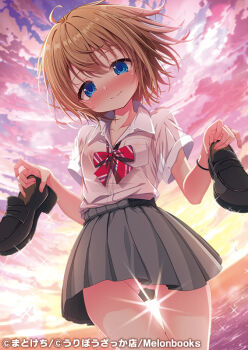 1girl black_shoes blue_eyes blush bow brown_hair cloud cloudy_sky collarbone collared_shirt covered_erect_nipples diagonal-striped_bow dress_shirt gluteal_fold grey_skirt hair_between_eyes holding holding_shoes holding_unworn_clothes horns loafers looking_at_viewer matokechi melonbooks no_bra no_panties ocean official_art original outdoors pleated_skirt red_bow school_uniform see-through_clothes see-through_shirt shirt shoes short_sleeves skirt sky solo standing striped_bow sunset unworn_shoes water white_shirt