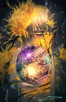 1girl absurdres aerial_fireworks bags_under_eyes black_coat broken_glass coat commentary_request dongbaek_(project_moon) e.g.o_(project_moon) fireworks flower glass glowing glowing_eyes grey_hair hair_over_one_eye hanbok highres holding holding_mirror korean_clothes layer_(layer_illust) limbus_company looking_at_viewer mirror project_moon shaded_face short_hair solo spicebush_(e.g.o) twig white_hanbok yellow_eyes yellow_flower