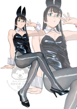1girl absurdres adjusting_eyewear animal_ears black_hair black_leotard black_shoes commentary_request detached_collar fake_animal_ears full_body glasses green_eyes grey_pantyhose highres kantai_collection legs leotard long_hair looking_at_viewer ojipon ooyodo_(kancolle) pantyhose playboy_bunny rabbit_ears shoes simple_background sitting solo watermark white_background wrist_cuffs zoom_layer