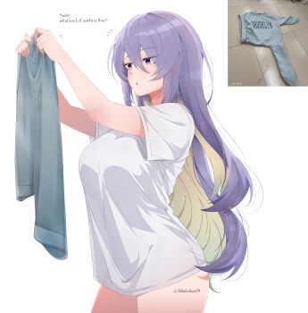 Rule 34 | 1girl, absurdres, arms up, asymmetrical clothes, breasts, brooklyn sweater, commentary, english commentary, from side, hair between eyes, highres, holding, holding unworn clothes, hololive, hololive indonesia, horisu (kholiskun), large breasts, long hair, moona hoshinova, multicolored hair, photo inset, purple eyes, purple hair, see-through clothes, see-through silhouette, shirt, solo, standing, sweater, t-shirt, thighs, virtual youtuber