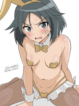 1girl absurdres animal_ears bandaid bandaid_on_face black_eyes black_hair blush bow brave_witches breasts brown_bow embarrassed fake_animal_ears fang fishnet_pantyhose fishnets highres kanno_naoe looking_at_viewer navel open_mouth pantyhose playboy_bunny rabbit_ears short_hair simple_background sitting small_breasts solo sweat unkai_daraku white_background world_witches_series wrist_cuffs