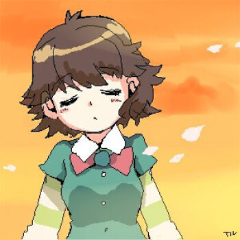 1girl archived_source blush bow bowtie breasts brown_hair buttons closed_eyes closed_mouth cloud color_contrast commentary green_sleeves jaggy_lines korean_commentary layered_sleeves long_sleeves lowres medium_breasts orange_background orange_sky red_bow red_bowtie shichinin_no_nana shirt_under_shirt short_hair short_over_long_sleeves short_sleeves sky solo striped_sleeves suzuki_nana tiv upper_body white_petals white_sleeves wing_collar