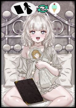 1girl bed blind book capcom doll emily_(resident_evil) female futa_loli futanari genderswap grey_hair hacker75358mg highres looking_at_viewer no_panties on_bed pale_skin resident_evil resident_evil_requiem smile thighs