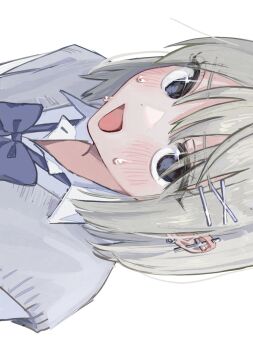 1girl black_eyes blue_neckerchief blush collared_shirt commentary grey_hair grey_sweater hair_between_eyes hair_ornament hairpin hamafugu highres looking_at_viewer multiple_hairpins neckerchief open_mouth original school_uniform shirt simple_background smile solo sparkling_eyes sweatdrop sweater sweater_vest symbol-only_commentary upper_body white_background white_shirt