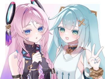 2girls :d :o aqua_hair aqua_nails aqua_pupils bare_shoulders blue_eyes braid breasts citlali_(genshin_impact) commentary_request cowlick facial_mark faruzan_(genshin_impact) fingernails forehead_mark genshin_impact green_eyes hair_ornament hand_up highres kino_(curry_pan) long_hair looking_at_viewer medium_breasts multicolored_hair multiple_girls nail_polish open_mouth pink_hair pink_pupils purple_hair revision simple_background sleeveless smile symbol-shaped_pupils teeth triangle-shaped_pupils twitter_username upper_teeth_only v very_long_hair white_background x_hair_ornament