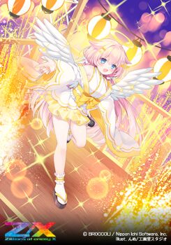 1girl angel blue_eyes bow copyright_logo copyright_name copyright_notice feathered_wings hair_bow hair_ornament hair_ribbon hairclip halo holding holding_microphone japanese_clothes kimono komachi_pochi lantern logo long_hair marie_(z/x) microphone official_art okobo paper_lantern pink_hair platform_sandals ribbon sandals socks solo sparkle standing standing_on_one_leg traditional_halo white_kimono white_ribbon white_socks white_wings wings yellow_bow z/x