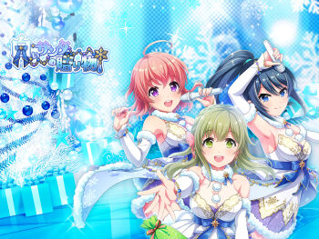 3girls ahoge arm_up armpits bare_shoulders black_hair blue_eyes box breasts christmas christmas_ornaments christmas_tree cleavage closed_mouth detached_sleeves dress earrings fur-trimmed_sleeves fur_collar fur_trim gift gift_box green_eyes green_hair hands_up high_ponytail highres holding holding_microphone jewelry large_breasts long_hair looking_at_viewer medium_breasts medium_hair microphone misaki_(project_tokyo_dolls) mole mole_under_eye multiple_girls official_art open_mouth outstretched_arm pink_hair ponytail project_tokyo_dolls purple_eyes reaching reaching_towards_viewer ring sakura_(project_tokyo_dolls) second-party_source see-through_cleavage see-through_clothes shiori_(project_tokyo_dolls) sideboob sleeveless sleeveless_dress smile snowflakes sparkle star_(symbol) teeth tile_floor tiles tinsil translated upper_teeth_only white_sleeves