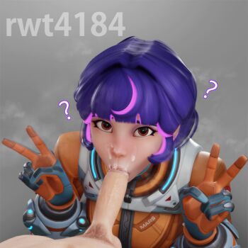 1boy 1girl 3d ? artist_name brown_eyes commentary cum cum_on_body double_v english_commentary facial fellatio from_above hetero juno_(overwatch) looking_at_viewer looking_up male_pubic_hair multicolored_hair oral overwatch paid_reward_available penis pink_hair pov pov_crotch pubic_hair purple_hair rwt4184 short_hair solo_focus streaked_hair testicles v
