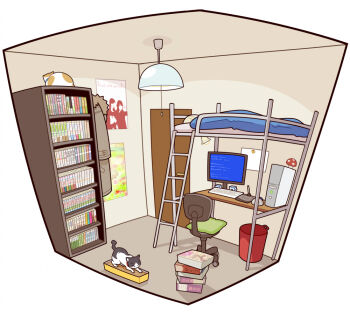 bad_id bad_pixiv_id bed bedroom blue_screen_of_death bookshelf bunk_bed cat chair computer door fisheye hinata_(artist) interior isometric magamoto no_humans original room roomscape trash_can