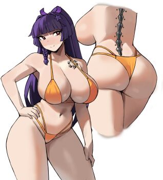 1girl absurdres ass back backboob bikini blush bodysuit braid breasts cameltoe donburi_(donburikazoku) hair_ornament hair_tie hand_on_own_hip hand_on_own_leg head_tilt high_ponytail highres large_breasts light_smile long_hair mechanical_spine mole mole_under_eye multi-strapped_bikini_bottom multiple_views navel ponytail side_braid star_(symbol) star_hair_ornament swimsuit tatakau_ni_atai_suru tattoo topless_female yamaguchi_ryoko