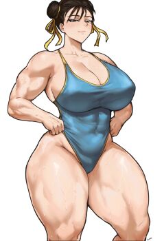 1girl bare_shoulders batako_(batakoart) breasts brown_eyes brown_hair capcom chun-li cleavage curvy double_bun female_focus hair_bun highres huge_breasts leotard looking_at_viewer matching_hair/eyes muscular muscular_female short_hair solo street_fighter thick_thighs thighs wide_hips