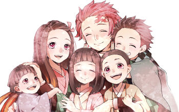 2girls 4boys black_hair bob_cut brother_and_sister brothers buzz_cut checkered_haori child closed_eyes earrings forehead grin hair_ribbon hanafuda_earrings haori japanese_clothes jewelry kamado_hanako kamado_nezuko kamado_rokuta kamado_shigeru kamado_takeo kamado_tanjirou kimetsu_no_yaiba kimono long_hair medium_hair multiple_boys multiple_girls open_mouth pink_kimono red_eyes red_hair ribbon scar scar_on_face scar_on_forehead short_hair siblings sisters smile toco_(love-hmhm-tocotoco) very_short_hair