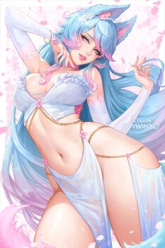 1girl animal_ears blue_eyes blue_hair blue_nails bracelet breasts chain cleavage detached_sleeves fingernails flower fox_ears fox_tail frills gold_chain hair_flower hair_ornament highres jewelry large_breasts lips loincloth multicolored_hair panties patreon_username petals pink_hair prywinko see-through_clothes sharp_fingernails silvervale strapless tail thighs tube_top two-tone_hair underwear watermark white_panties white_top white_tube_top