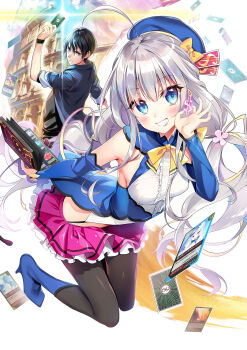 1boy 1girl ahoge black_hair black_pantyhose black_shirt blue_footwear blue_headwear blue_jacket blush breasts card commentary_request cover cover_page detached_sleeves dollar_sign grey_hair grin hat highres jacket long_hair medium_breasts novel_cover novel_illustration official_art original pantyhose pink_skirt playing_card ribbon shirt shoes short_hair skirt smile yellow_ribbon youta