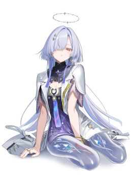 1girl absurdres arm_support breasts colored_eyelashes commentary dress earrings fingernails gradient_clothes gradient_dress grey_hair hair_intakes hair_ornament hair_over_one_eye halo hidis0086 highres jacket jewelry long_hair looking_at_viewer mornye_(wuthering_waves) multiple_rings parted_lips purple_dress red_eyes ring see-through_body simple_background sitting small_breasts solo triangle_earrings very_long_hair white_background white_jacket wuthering_waves yokozuwari