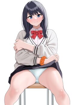 1girl absurdres black_hair black_skirt blue_eyes bow bowtie cardigan chair clothes_lift collared_shirt commentary_request commission gridman_universe hand_on_own_arm highres lifting_own_clothes long_hair looking_at_viewer magurotatakighn on_chair orange_scrunchie panties pantyshot pixiv_commission pleated_skirt red_bow red_bowtie school_uniform scrunchie shirt simple_background sitting skirt skirt_lift solo spread_legs ssss.gridman takarada_rikka thick_thighs thighs underwear wavy_mouth white_cardigan white_panties white_shirt wrist_scrunchie
