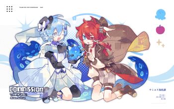 2girls ;d black_hat blue_boots blue_eyes blue_hair blush boots brown_boots commission double-parted_bangs full_body grey_shorts hair_between_eyes hat heterochromia highres jacket kneeling long_hair long_sleeves meimei_(wakamoid) multiple_girls one_eye_closed open_clothes open_jacket open_mouth original red_hair shirt short_hair shorts smile socks thank_you twitter_username white_shirt white_socks