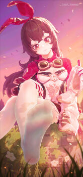 1girl amber_(genshin_impact) blush boots breasts brown_hair closed_mouth crossed_bangs dirty dirty_feet feet foot_focus foreshortening genshin_impact gloves goggles goggles_around_neck grass hair_ribbon highres holding icecake long_hair long_sleeves looking_at_viewer md5_mismatch outdoors pantyhose red_eyes red_ribbon resolution_mismatch ribbon short_shorts shorts shrug_(clothing) sitting smile soles solo source_larger toes unworn_boots white_pantyhose