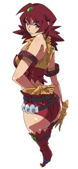 1girl arm_behind_back ass bare_shoulders boots breasts from_above from_behind gloves hair_ornament highres huge_ass large_breasts legs long_hair looking_at_viewer midriff naomi_fluegel paintedmike parted_lips purple_eyes red_hair short_shorts shorts smile solo teeth thick_thighs thighhighs thighs zoids