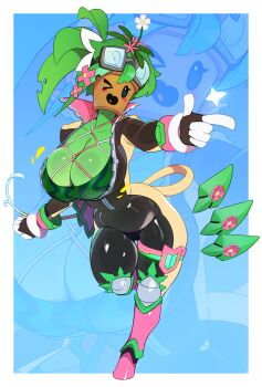 1girl absurdres blaster_master_zero blush_stickers bodysuit breasts cleavage colored_skin combos_&amp;_doodles flower flower_on_head green_hair green_skin highres huge_breasts kanna_(blaster_master_zero) monster_girl one_eye_closed pointing shiny_clothes solo zoom_layer
