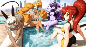 4girls all_fours alternate_hairstyle ass bikini blue_eyes bob_cut breasts cat_girl cerebella_(skullgirls) cityscape cutoffs d._violet_(skullgirls) dark-skinned_female dark_skin demon_girl demon_horns eyeshadow flexing green_hair grin hat highres horns kellzallday large_breasts looking_at_another looking_at_viewer makeup ms._fortune_(skullgirls) multiple_girls navel official_alternate_costume parasoul_(skullgirls) ponytail pool poolside purple_skirt red_hair scar see-through_clothes see-through_shirt shirt shorts skirt skullgirls smile sunglasses swimming swimsuit tank_top vice-versa_(skullgirls) white_hair