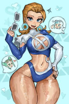 blonde_hair blue_eyes breasts cleavage cleavage_cutout clothing_cutout earrings fantastic_four guardians_of_the_galaxy highres jewelry large_breasts long_hair looking_at_viewer luna_snow luna_snow_(cool_summer) mantis_(marvel) mantis_(oceanic_harmony)_(marvel) marvel marvel_rivals navel official_alternate_costume one-piece_swimsuit saiykik smile sue_storm sue_storm_(azure_shade) sunglasses swimsuit