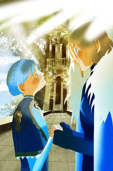 Rule 34 | 1boy, 1girl, alt text, blonde hair, blue eyes, blue hair, braid, closed mouth, commentary, couple, crown braid, dimitri alexandre blaiddyd, dimitri alexandre blaiddyd (timeskip), english commentary, eye contact, fire emblem, fire emblem: three houses, height difference, hetero, highres, holding hands, looking at another, marianne von edmund, marianne von edmund (timeskip), nintendo, smile, taxkha