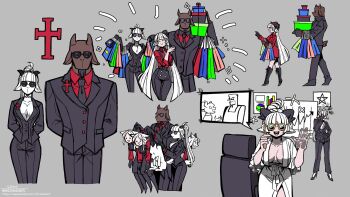 1boy 2girls animal_ears black_horns bodysuit breasts cerberus_(helltaker) concept_art demon_girl demon_horns demon_tail everyone formal_clothes furry glasses goat_bodyguard_(grizz) goat_boy goat_ears goat_girl goat_horns goat_tail grey_background greyscale grizz hair_bun helltaker helltaker_(character) highres holding horns large_breasts lineart long_hair looking_at_viewer lucifer_(helltaker) monochrome multiple_girls necktie original parody personification ponytail red_shirt reference_sheet shirt simple_background sketch standing style_parody suit sunglasses tail vanripper_(style) white_hair