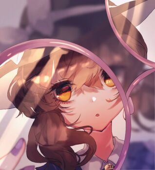 1girl black_hat bow brown_eyes brown_hair commentary_request fingernails glasses hat hat_bow looking_at_viewer medium_hair open_mouth portrait purple-framed_eyewear purple_nails shinjitsu_no_kuchi solo touhou usami_sumireko white_background white_bow